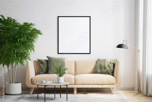 Fototapeta Scandinavian Living Room with Blank Horizontal Poster Frame and Botanical Accents
