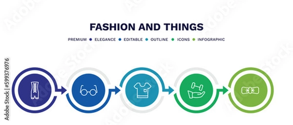 Fototapeta set of fashion and things thin line icons. fashion and things outline icons with infographic template. linear icons such as bandages, eyewear, white t shirt, wellness coach, accessory vector.