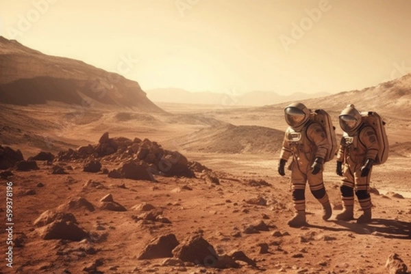 Fototapeta Astronauts wearing space suits walking on red planet. Martian colony. Mars colonization. Created with Generative AI