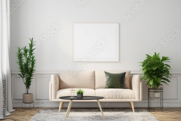 Fototapeta Contemporary Living Room with Blank Horizontal Poster Frame and Minimalistic Style