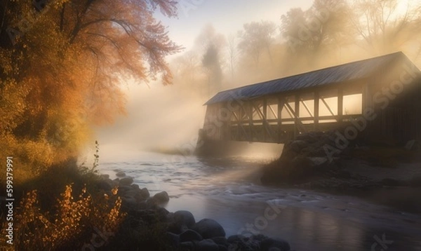 Fototapeta  a covered covered bridge over a river in a forest at sunset.  generative ai