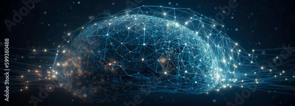 Fototapeta The brain is connected with different lines on a dark background, in the style of futuristic spacecraft design.  Human psyche, digital reality with brains, luminous spheres. Generative Ai. 

