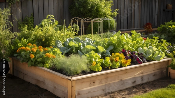 Fototapeta A raised garden bed filled with an assortment of vegetables, including tomatoes, lettuce, and peppers, in a sunny backyard.