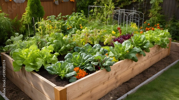 Fototapeta A raised garden bed filled with an assortment of vegetables, including tomatoes, lettuce, and peppers, in a sunny backyard.