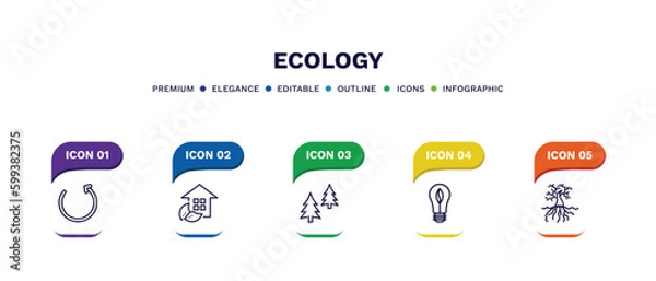 Fototapeta set of ecology thin line icons. ecology outline icons with infographic template. linear icons such as reload, eco house, christmas trees, eco light, tree and roots vector.