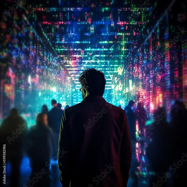 Obraz Back view of businessman looking at abstract binary code on background