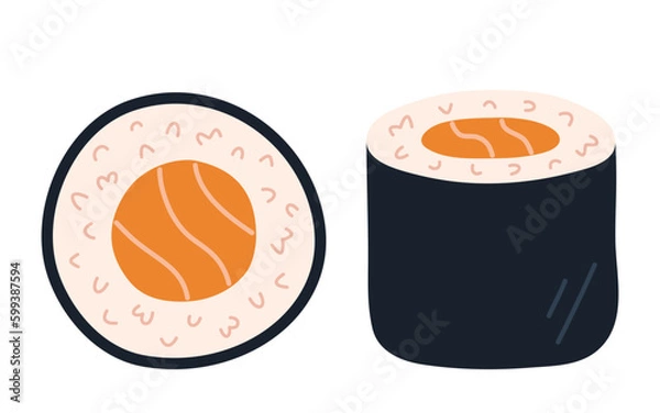 Obraz Sake maki. Japanese roll with salmon, rice and seaweed nori. Top and side view. Hand-drawn colored flat vector illustration isolated on white background.