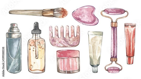 Fototapeta Set cosmetic oil, cream, stone massager gua sha isolated on white. Watercolor hand drawing illustration. Art for design