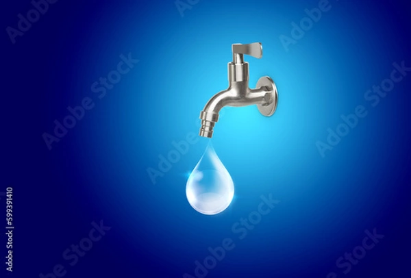 Fototapeta Large drop for water from water tap on dark blue background, Save water concept