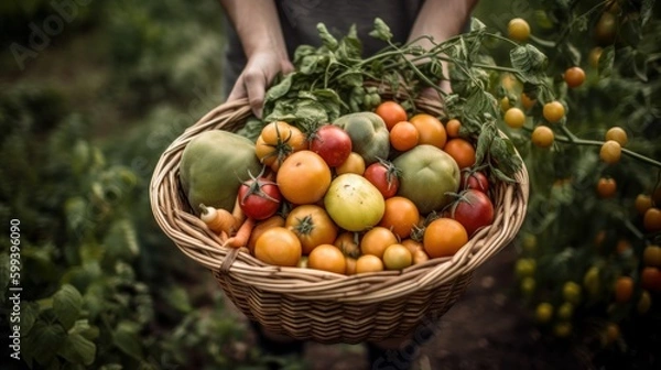 Fototapeta farmer with basket of vegetables and fruits, generative ai