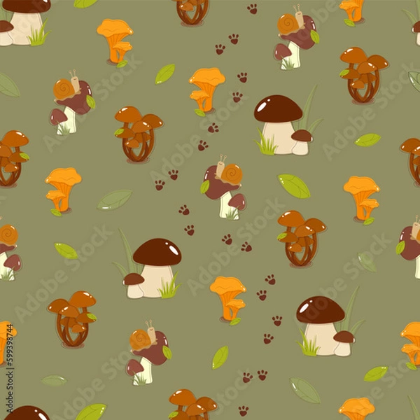 Fototapeta Seamless pattern of mushrooms and snails with footprints on a green background in a cartoon style for children's textiles and decor. White mushrooms, chanterelles, honey mushrooms, aspen mushrooms, cu