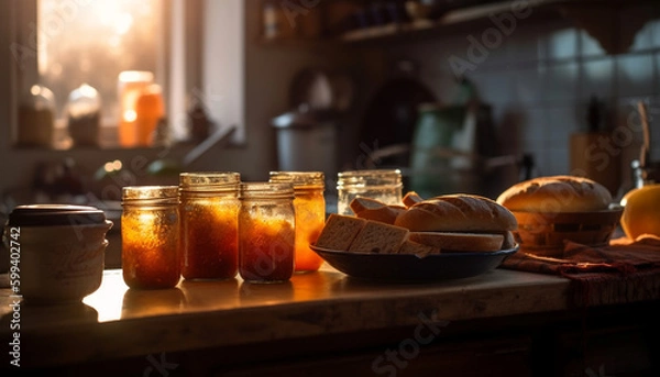 Fototapeta Freshly grilled sandwich on rustic wooden table generated by AI