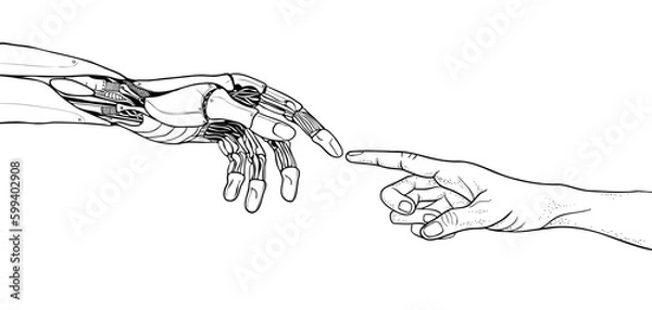 Fototapeta Coloring book page for adults. The human hand reaches for the robot's hand. Artificial intelligence, neural network, machine learning. Vector illustration.