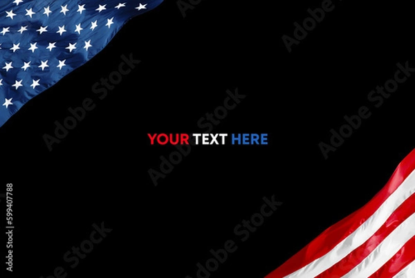 Obraz American Flag lying on black background. Template with text.	
