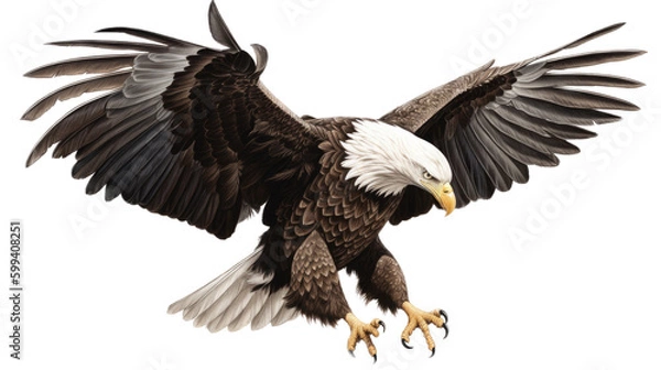 Obraz an isolated  bald eagle (Haliaeetus leucocephalus) , flying in motion and in landing position, wildlife, Wildlife-themed, photorealistic illustration on a transparent background PNG. generative ai