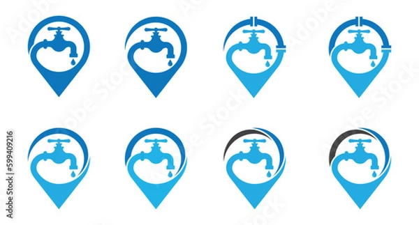 Fototapeta Water Faucet with Pin Map Location Plumbing Logo Concept icon sign symbol Design Element. Point, Plumber, Tap, Plumbing Service Logotype. Vector illustration template