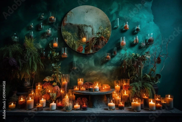 Fototapeta Candles all over the Wall with Stone and Plants Room Interior Generative AI