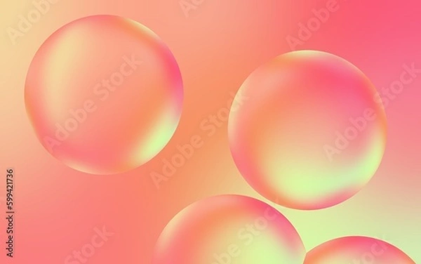 Fototapeta Shiny 3D water bubble background. 3D illustration of transparent bubble drops on smooth orange and yellow gradient background. Smooth multicolor water bubbles.