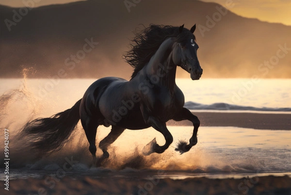 Fototapeta horse in the sunset made with generative ai