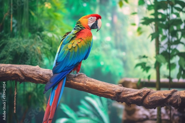 Fototapeta blue and red macaw in the rainforest made with generative ai