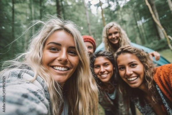 Fototapeta positive vibes when camping in the forest with tents and friends, in daylight in a forest clearing. Generative AI