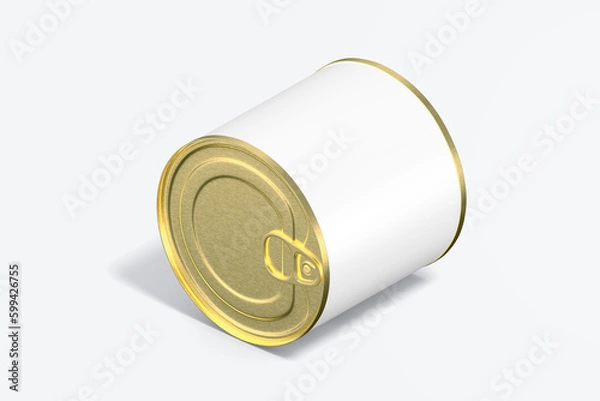Fototapeta Blank tincan gold metal Tin Can with key, canned Food. Isolated on white background. Mockup. , 3D illustration, 3D rendering.