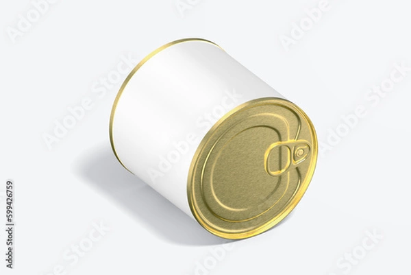 Fototapeta Blank tincan gold metal Tin Can with key, canned Food. Isolated on white background. Mockup. , 3D illustration, 3D rendering.