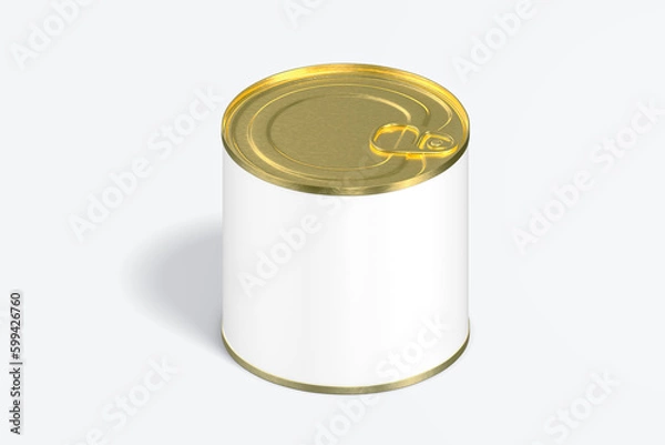 Fototapeta Blank tincan gold metal Tin Can with key, canned Food. Isolated on white background. Mockup. , 3D illustration, 3D rendering.