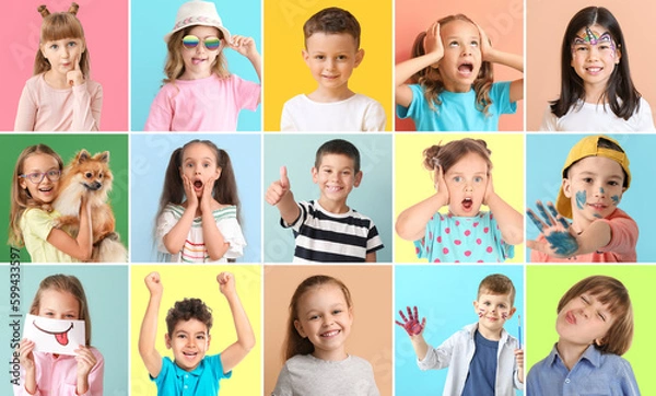 Fototapeta Group of different cute children on color background