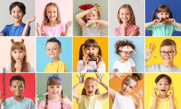 Fototapeta Collection of different cute children on color background