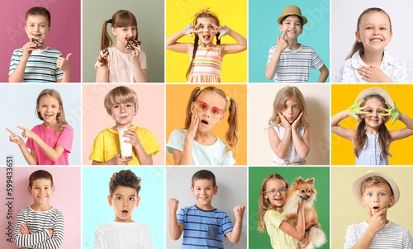Fototapeta Set of different adorable children on color background