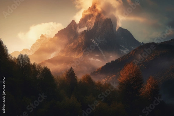Fototapeta Jagged mountain peak enveloped in mist and bathed in the warm hues of a sunrise, generative ai