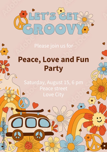 Obraz Template with daisy flowers, retro car and rainbow for groovy party, birthday invitation, flyer, retro poster. Space for text. Vector illustration.