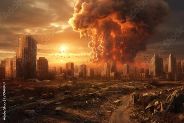 Fototapeta Desolate Cityscape After Nuclear Strike, Generative AI