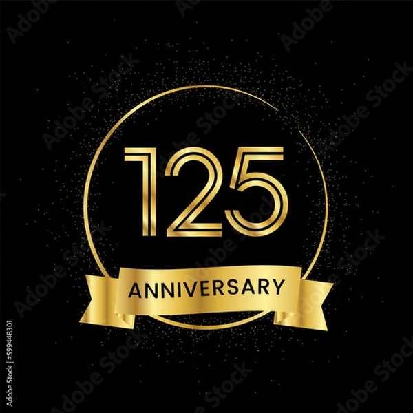 Fototapeta 125 years anniversary inside a golden circle and glitter spread on a black background. Golden number anniversary