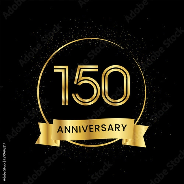 Fototapeta 150 years anniversary inside a golden circle and glitter spread on a black background. Golden number anniversary
