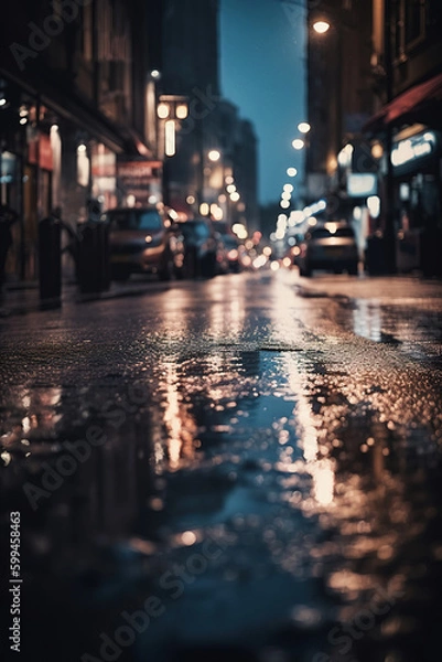 Fototapeta Puddles on the road in the night. Abstract urban background, low angle view. Generative art