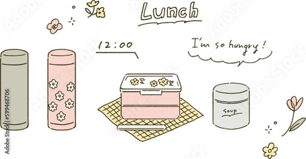 Fototapeta 手書きタッチ　お弁当と水筒のイラストレーション