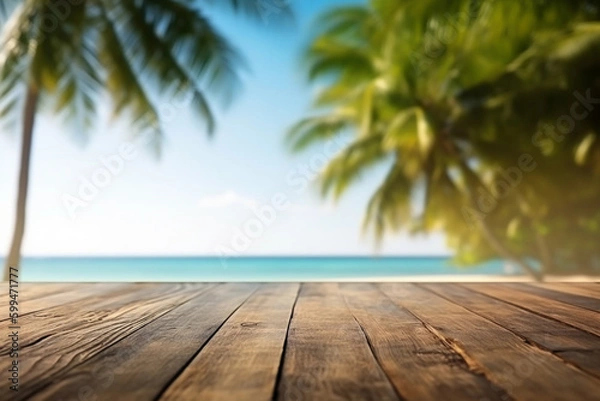 Fototapeta Empty wood table in front of blue sky on summer sea with palm leaf blurred bokeh background concept image for product Generative AI	