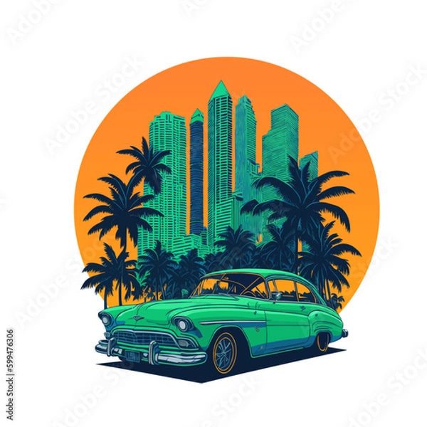 Fototapeta Retro poster, vector illustration, retro machine on the background of landscape from skyscrapers