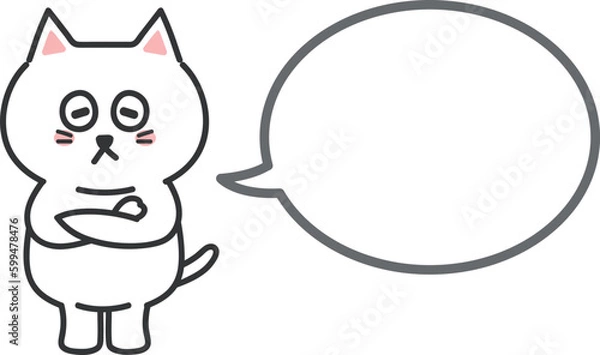 Obraz Cartoon white cat considering something with a speech bubble, vector illustration