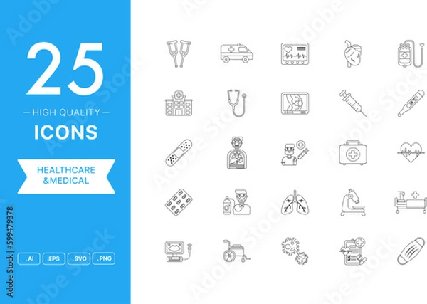 Fototapeta Vector set of Healthcare and Medical icons. The collection comprises 25 vector icons for mobile applications and websites.