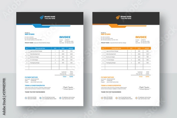 Fototapeta Business corporate creative invoice template. Business invoice for your business, print ready invoice template. minimal yellow and blue  invoice template vector design