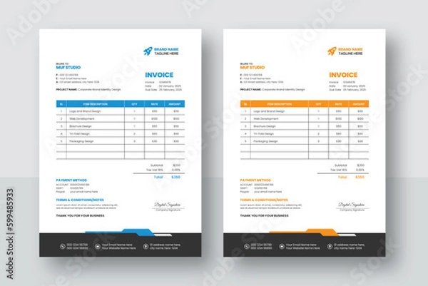 Fototapeta Business corporate creative invoice template. Business invoice for your business, print ready invoice template. minimal yellow and blue  invoice template vector design