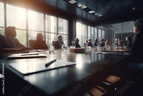 Obraz Business concept. Business meeting in boardroom. Blurred people on background. Team meeting in office near table. Generative AI