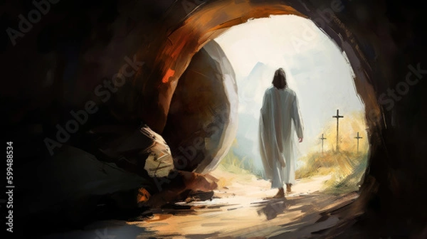 Obraz A stone door opens to reveal the resurrected Jesus Christ from the tomb and a cross symbolizing death and Easter background concept. Generative AI

