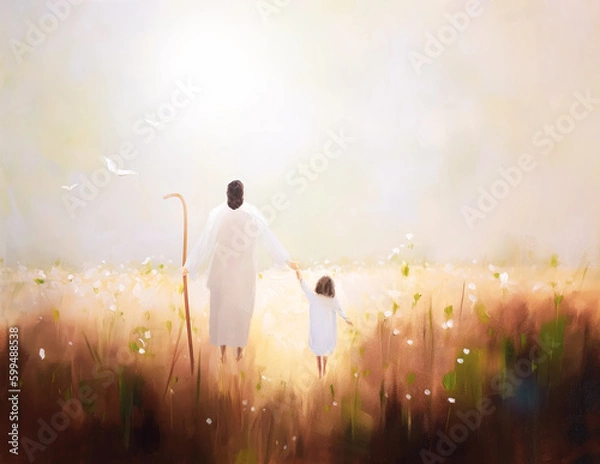 Obraz Illustration of a happy child walking in a peaceful beautiful flower field with Jesus Christ, oil painting on canvas, Generative AI
