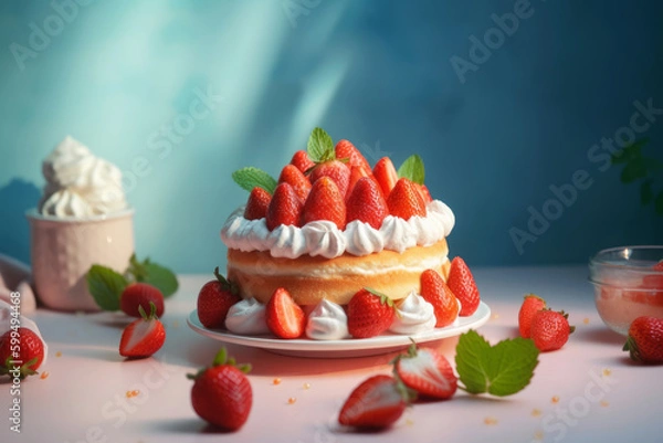 Fototapeta Delicious strawberry cream cake with fresh strawberries on blue background. Generative AI