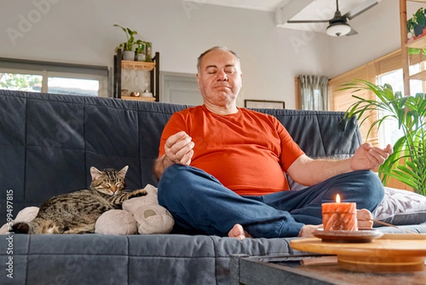 Fototapeta Overweight man practicing yoga and meditation at home sitting in lotus pose the couch, relaxed with closed eyes. Mindful meditation concept. Wellbeing.