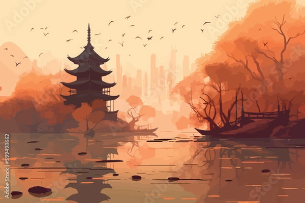 Fototapeta Temple by the Lake: A Warmly Illustrated View of a Tranquil Temple on the Water